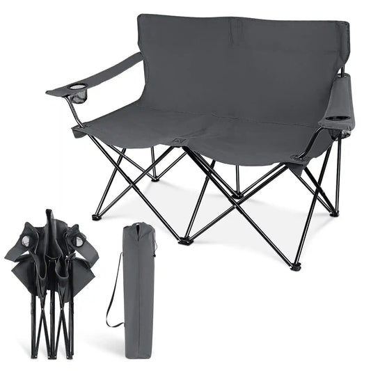Oversized Foldable Camping Chair, Double Seat Folding Camp Compact Chair for 2 Persons with Storage Bag, Portable & Large for Outdoor Fishing Hiking Travel Picnic Beach Lawn Patio - Grey
