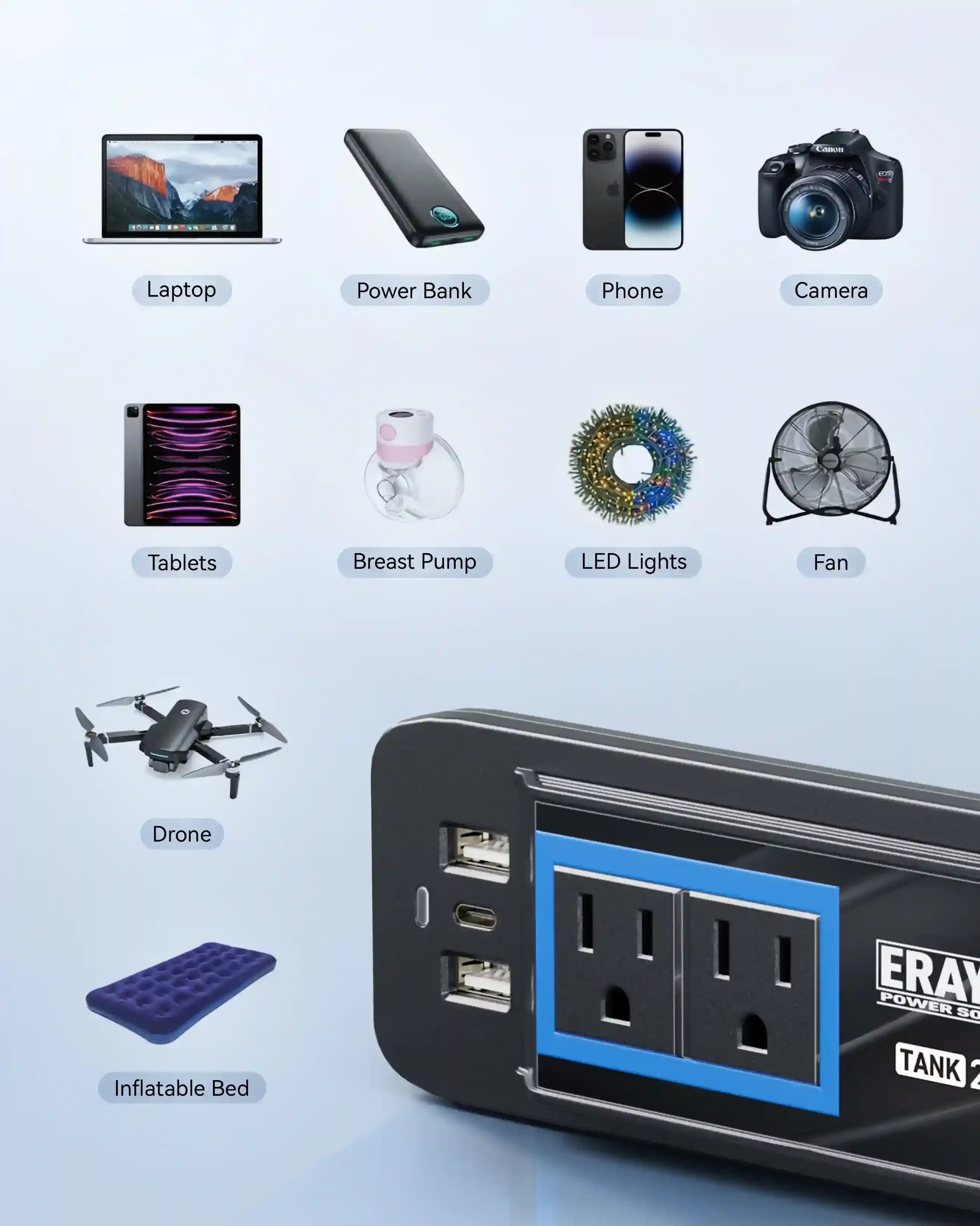 Erayak Car Power Inverter 200W, 12V Car Charger with USB-C Fast Charging & Dual AC Outlets, Road Trip Essentials for Laptop & Devices