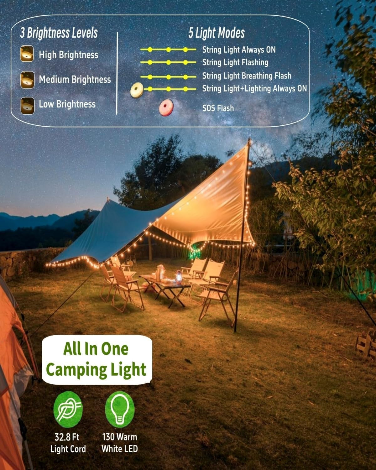 Solar Camping String Lights, 32.8FT Fairy String Lights 130Leds, 4 in 1 Portable