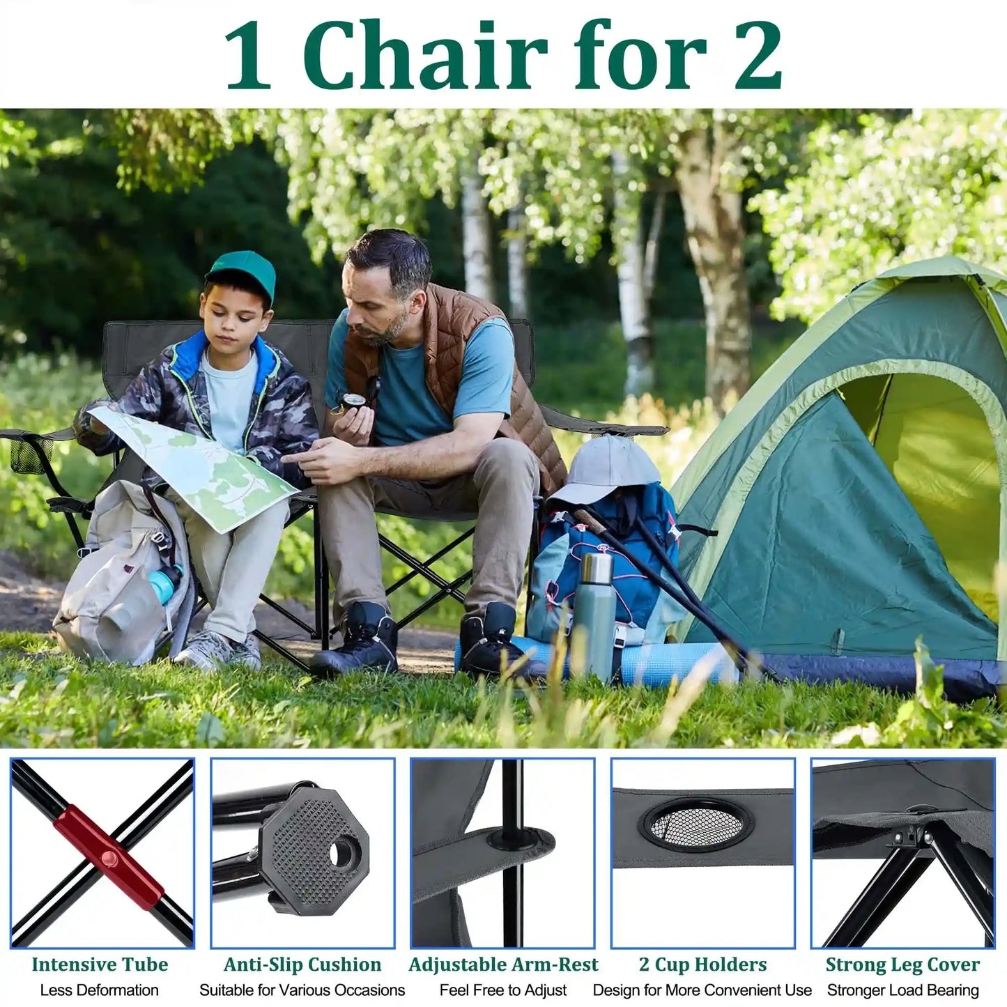 Oversized Foldable Camping Chair, Double Seat Folding Camp Compact Chair for 2 Persons with Storage Bag, Portable & Large for Outdoor Fishing Hiking Travel Picnic Beach Lawn Patio - Grey