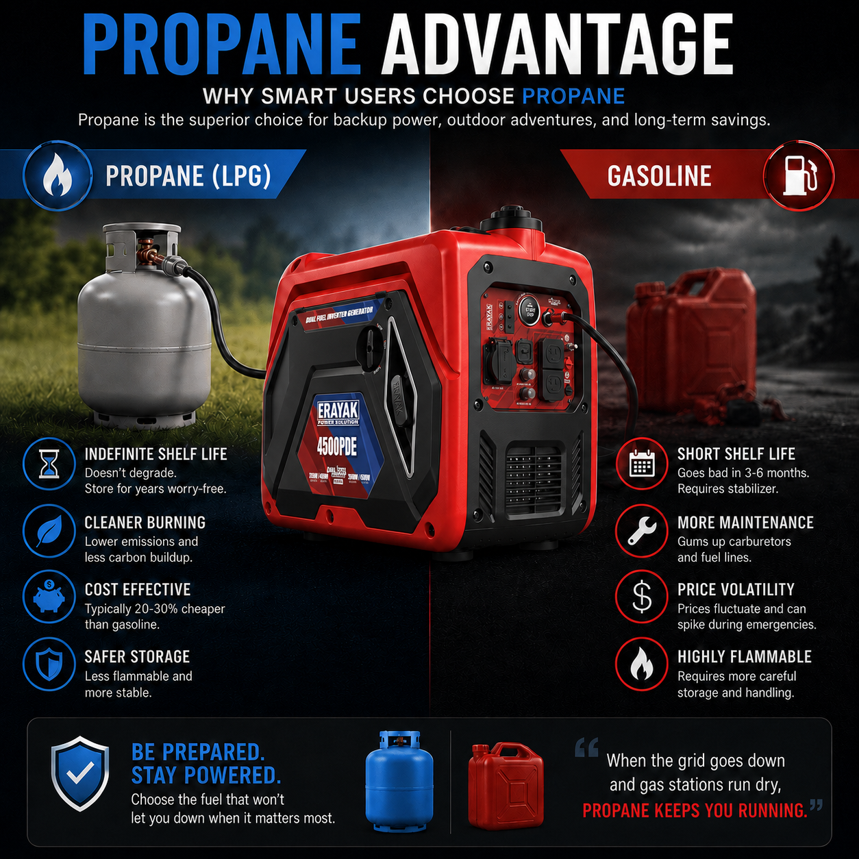 Erayak 4500PDE 4500W Dual-Fuel Inverter Generator for RV & Home Backup with Electric Start