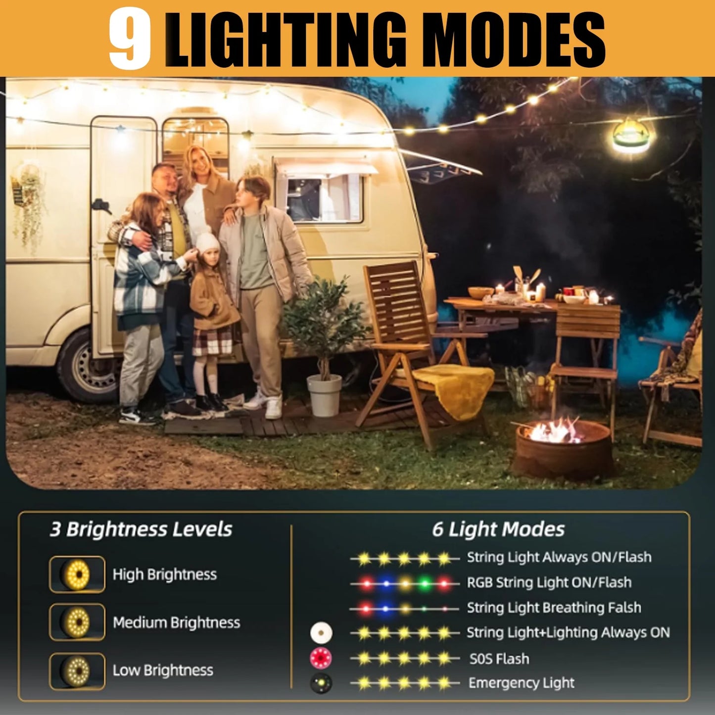 Rechargeable Waterproof Camping String Lights, 32.8FT/10M Outdoor Camping Lights with 8 Modes & 4-In-1 Quick Storage, Portable Hanging Lights for Patio, Tent, Garden, Party, Christmas, Wedding Decor