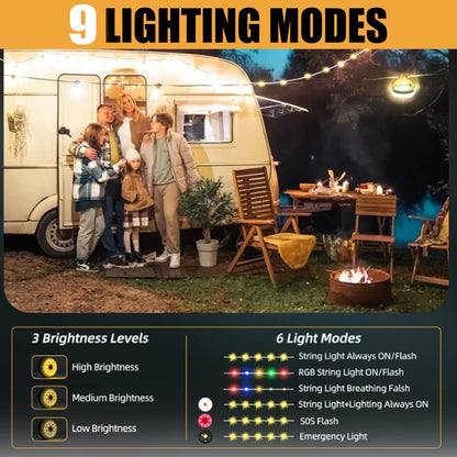 Rechargeable Waterproof Camping String Lights, 32.8FT/10M Outdoor Camping Lights with 8 Modes & 4-In-1 Quick Storage, Portable Hanging Lights for Patio, Tent, Garden, Party, Christmas, Wedding Decor