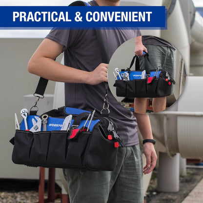 WORKPRO 18-Inch Close Top Wide Mouth Storage Tool Bag with Adjustable Shoulder Strap, Sturdy Bottom