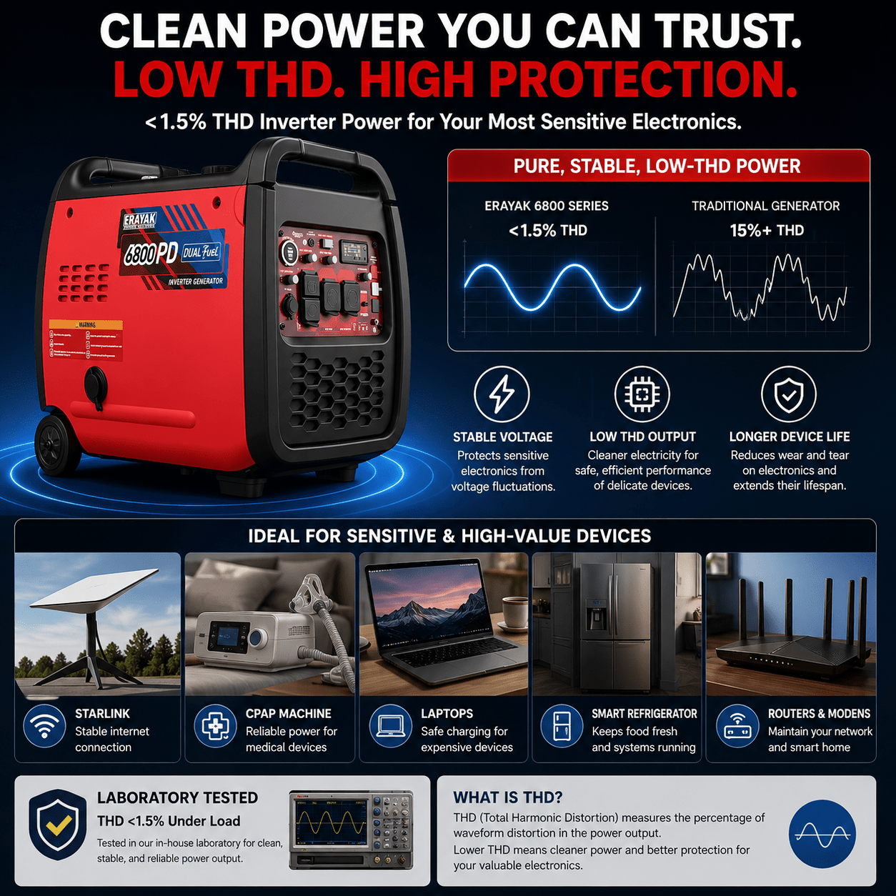 Erayak 6800W Portable Inverter Generator | 120V/240V For RV & Home Backup, Dual-Fuel