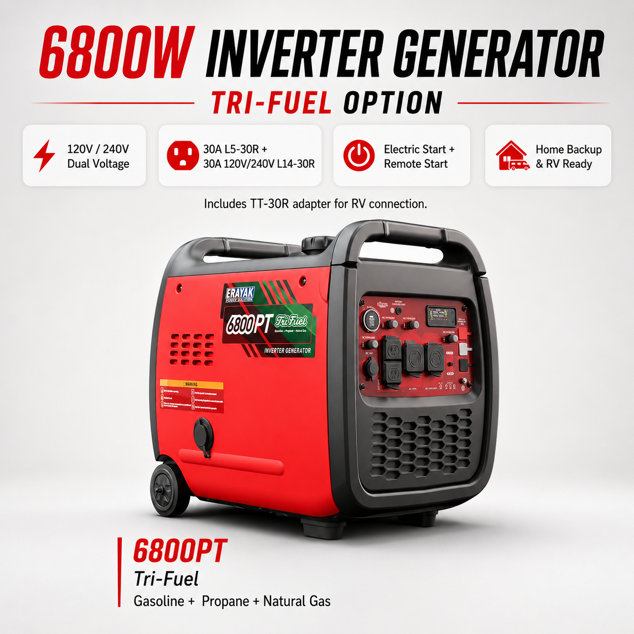 Erayak 6800W Portable Inverter Generator | 120V/240V For RV & Home Backup,Tri-Fuel