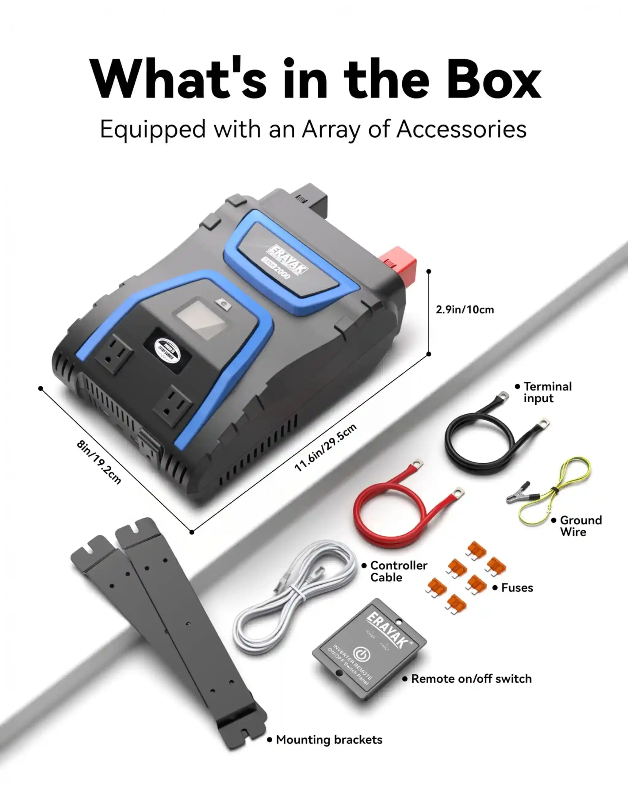 Erayak 2000W Power Inverter, 12V DC to 120V AC, LCD Display, Modified Sine Wave, Remote Control, USB-A & Type-C Ports, 6×40A Fuses, Quiet Fan for RV, Truck, Solar, Home Backup