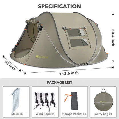 Instant Tent 4-Person Camp Tent, Auto Setup Pop up Tent, Pordable, Huge Door & Windows, Green