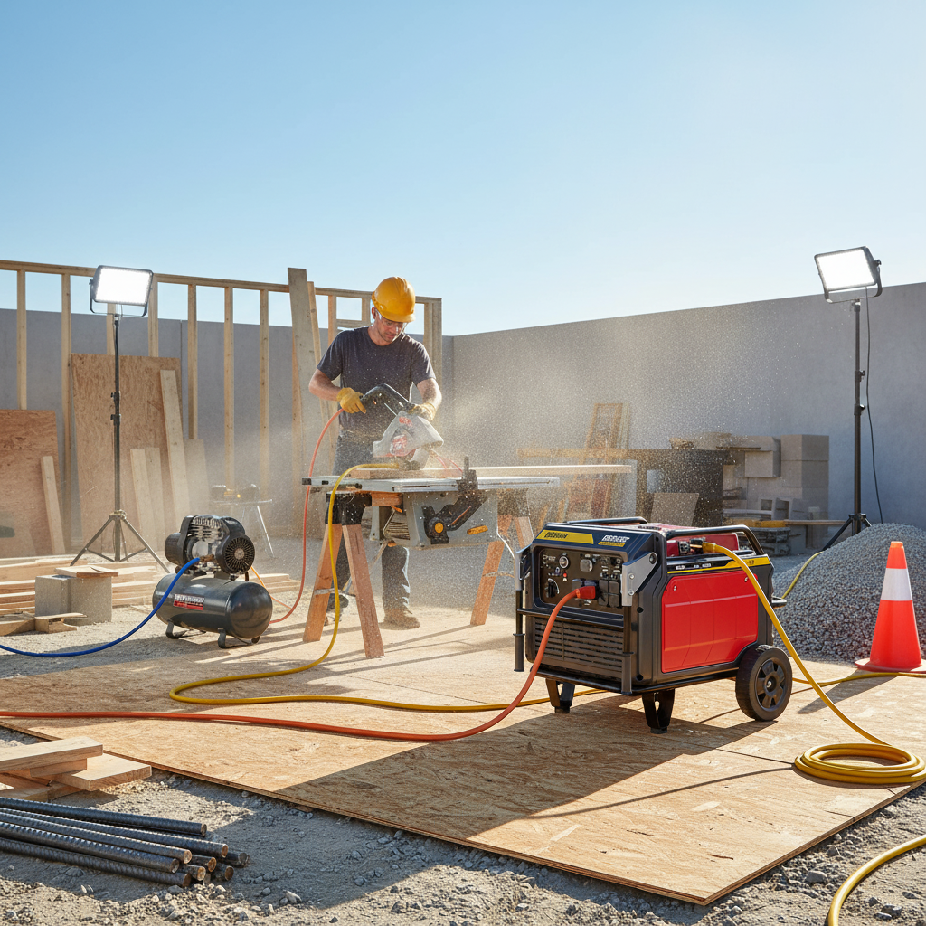 8000W generator powering heavy-duty job site tools and equipment with 240V output