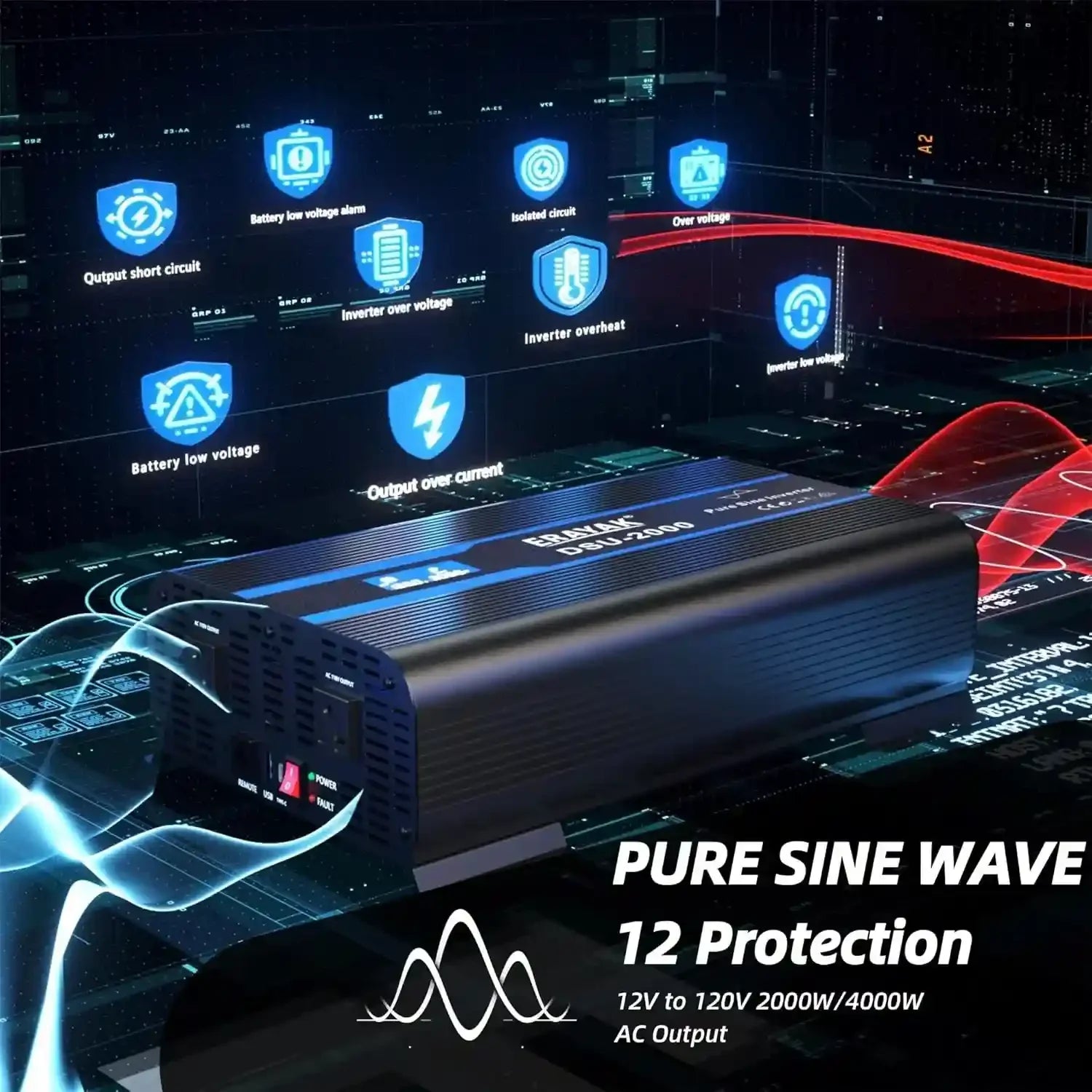 Erayak 2000W Pure Sine Wave Inverter 12V DC to 110V 120V AC - Solar, RV & Home