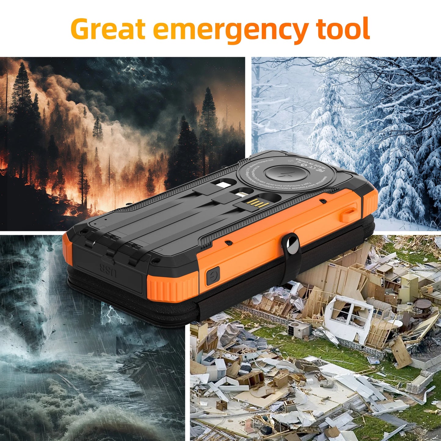 20000Mah Solar Power Bank with 4 Solar Panels,Portable Charger with Built-In 3 Cables and 5W Wireless Charging,Phone Charger Compatible with Iphone/Android-Camping/Travel Essentials(Orange)