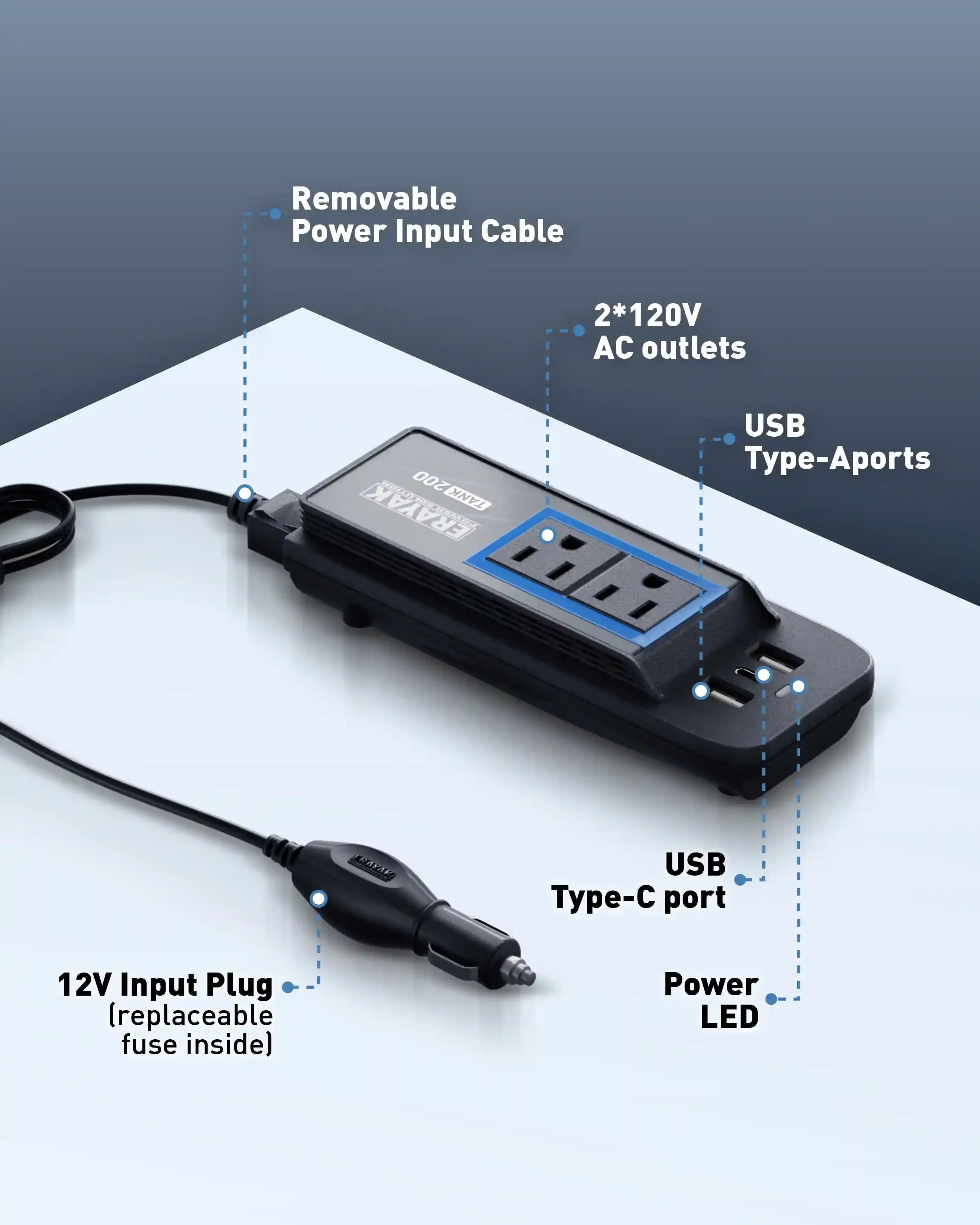 Erayak Car Power Inverter 200W, 12V Car Charger with USB-C Fast Charging & Dual AC Outlets, Road Trip Essentials for Laptop & Devices