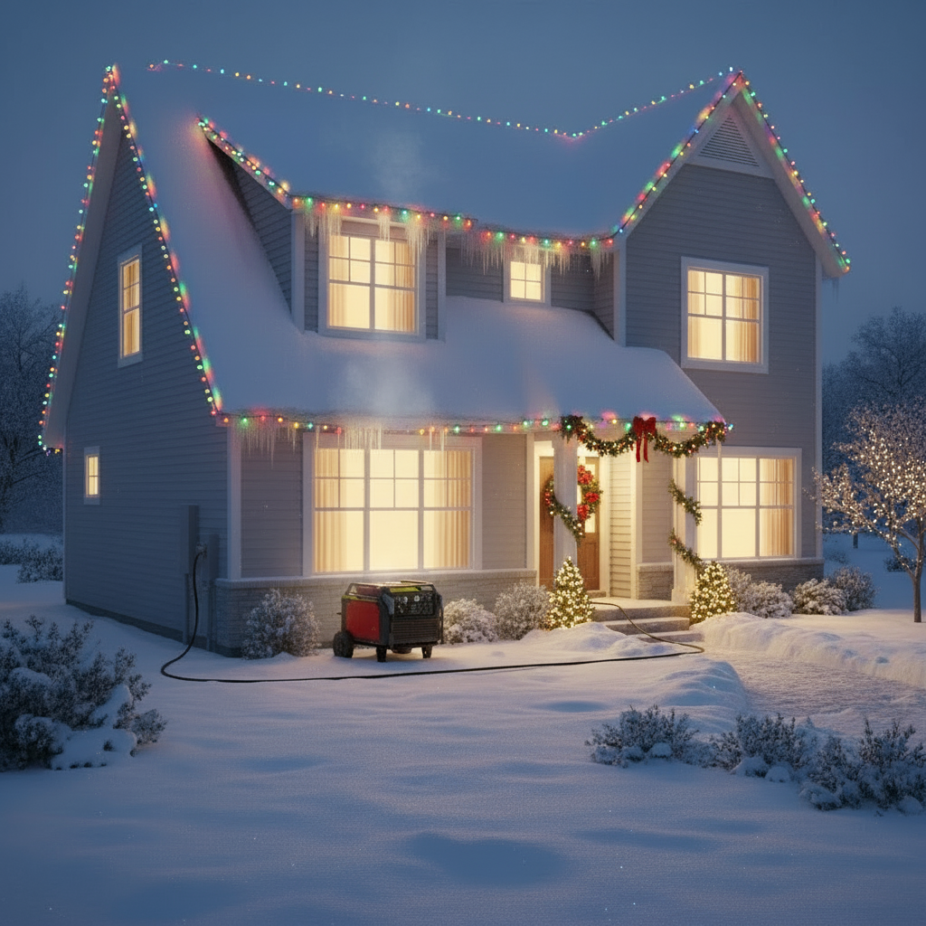 带圣诞氛围的冬季家庭备用电源场景