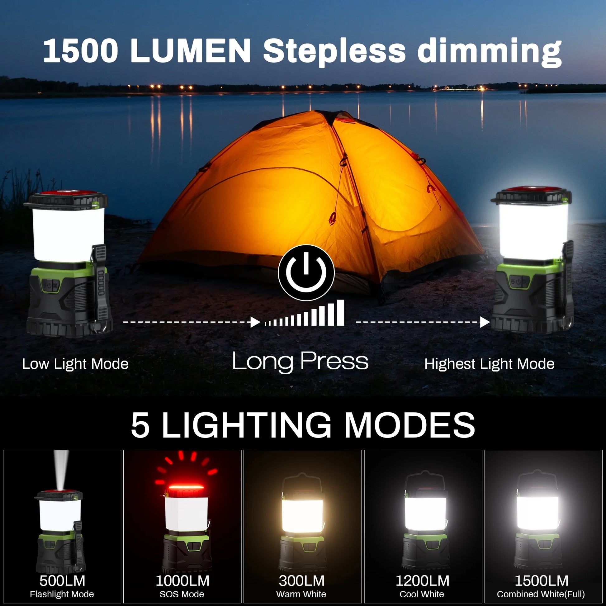 Camping Lantern Rechargeable, 1500LM 4400Mah Camping Lights with 5 Light Modes, IP44 Waterproof Flashlight for Power Outages, Emergency, Home