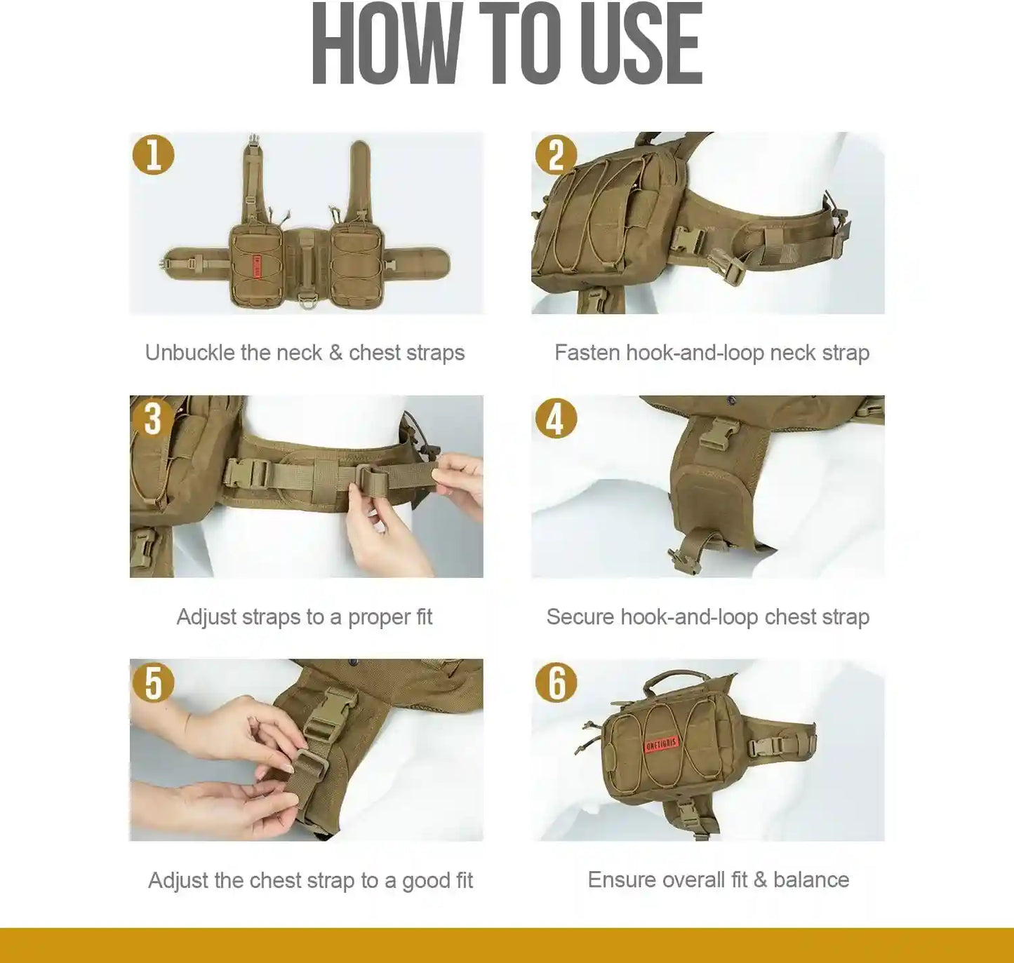 Onetigris Dog Backpack for Medium & Large Dogs, Nylon Backpack for Dogs Tactical Pet Backpack with Side Pockets for Hiking Walking Training Running (Brown, Medium)