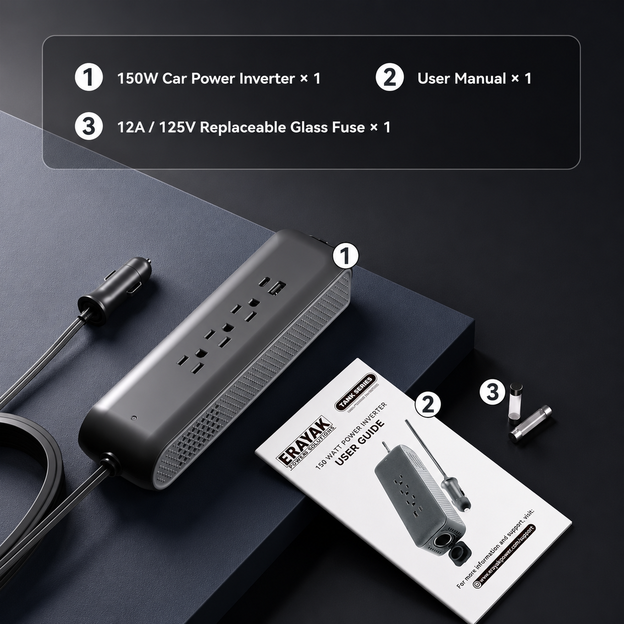 ERAYAK 150W Car Power Inverter - 3 AC Outlets, USB-C & USB-A Fast Charging