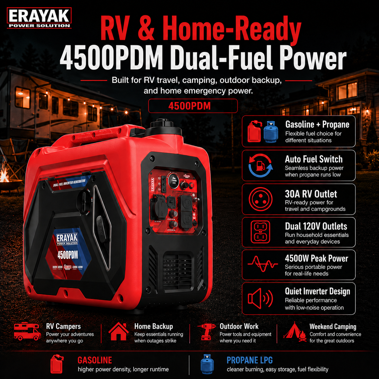 Erayak 4500PDM 4500W Dual-Fuel Inverter Generator for RV & Home Backup