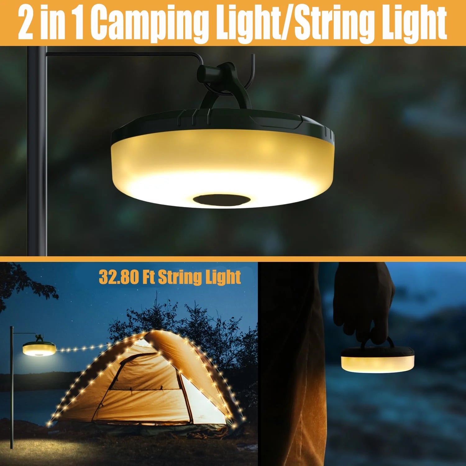 Rechargeable Waterproof Camping String Lights, 32.8FT/10M Outdoor Camping Lights with 8 Modes & 4-In-1 Quick Storage, Portable Hanging Lights for Patio, Tent, Garden, Party, Christmas, Wedding Decor