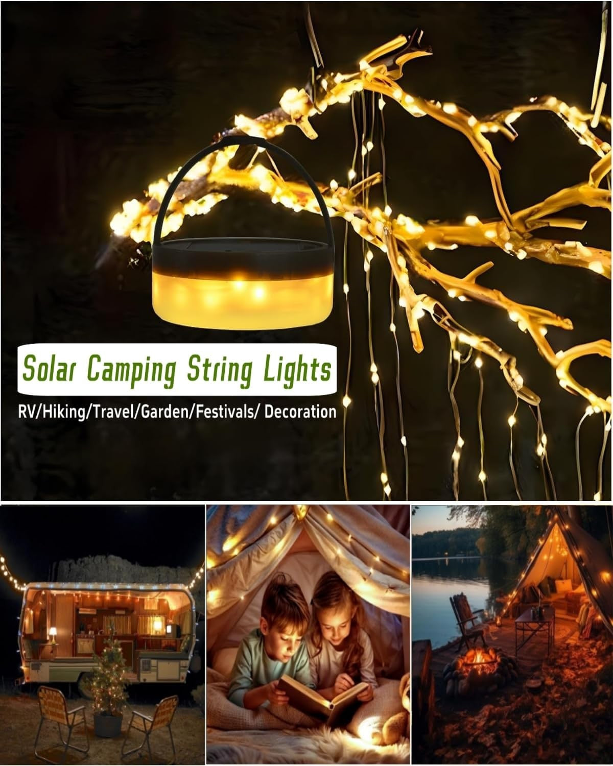 Solar Camping String Lights, 32.8FT Fairy String Lights 130Leds, 4 in 1 Portable