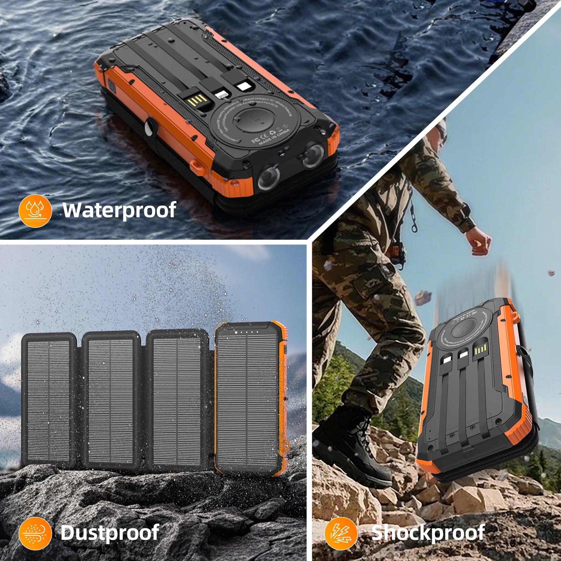 20000Mah Solar Power Bank with 4 Solar Panels,Portable Charger with Built-In 3 Cables and 5W Wireless Charging,Phone Charger Compatible with Iphone/Android-Camping/Travel Essentials(Orange)