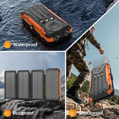 20000Mah Solar Power Bank with 4 Solar Panels,Portable Charger with Built-In 3 Cables and 5W Wireless Charging,Phone Charger Compatible with Iphone/Android-Camping/Travel Essentials(Orange)