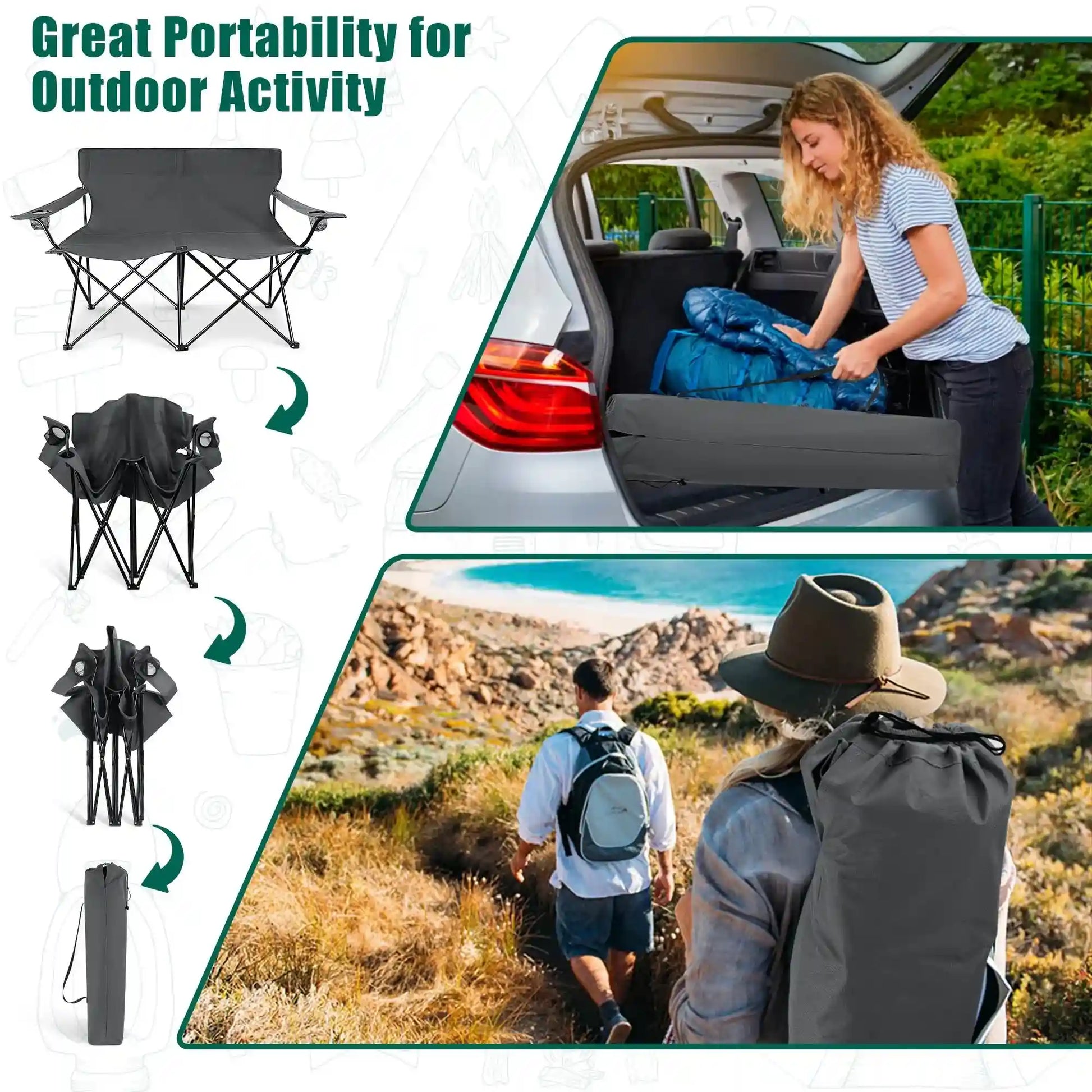 Oversized Foldable Camping Chair, Double Seat Folding Camp Compact Chair for 2 Persons with Storage Bag, Portable & Large for Outdoor Fishing Hiking Travel Picnic Beach Lawn Patio - Grey