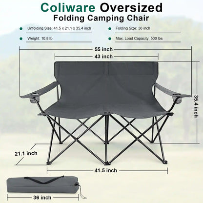 Oversized Foldable Camping Chair, Double Seat Folding Camp Compact Chair for 2 Persons with Storage Bag, Portable & Large for Outdoor Fishing Hiking Travel Picnic Beach Lawn Patio - Grey