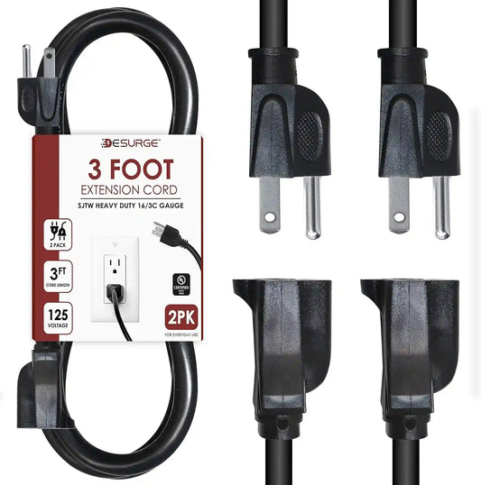 Digital Energy 3 Prong 3 Foot Indoor Outdoor Extension Cords 2 Pack, Heavy Duty Power Cords 13A 125V 60Hz 1625W, UL Listed, Black