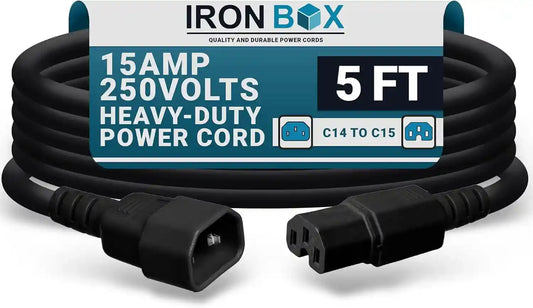 Ironbox Electric C14 to C15 Power Cord - 15A/250V, 14/3 AWG SJT - Heavy Duty Cables - UL Listed IEC Power Cable Extension - Jumper Cords for Computer, Server, Desktop, Speaker & More (5Ft, Black)