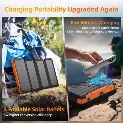 20000Mah Solar Power Bank with 4 Solar Panels,Portable Charger with Built-In 3 Cables and 5W Wireless Charging,Phone Charger Compatible with Iphone/Android-Camping/Travel Essentials(Orange)