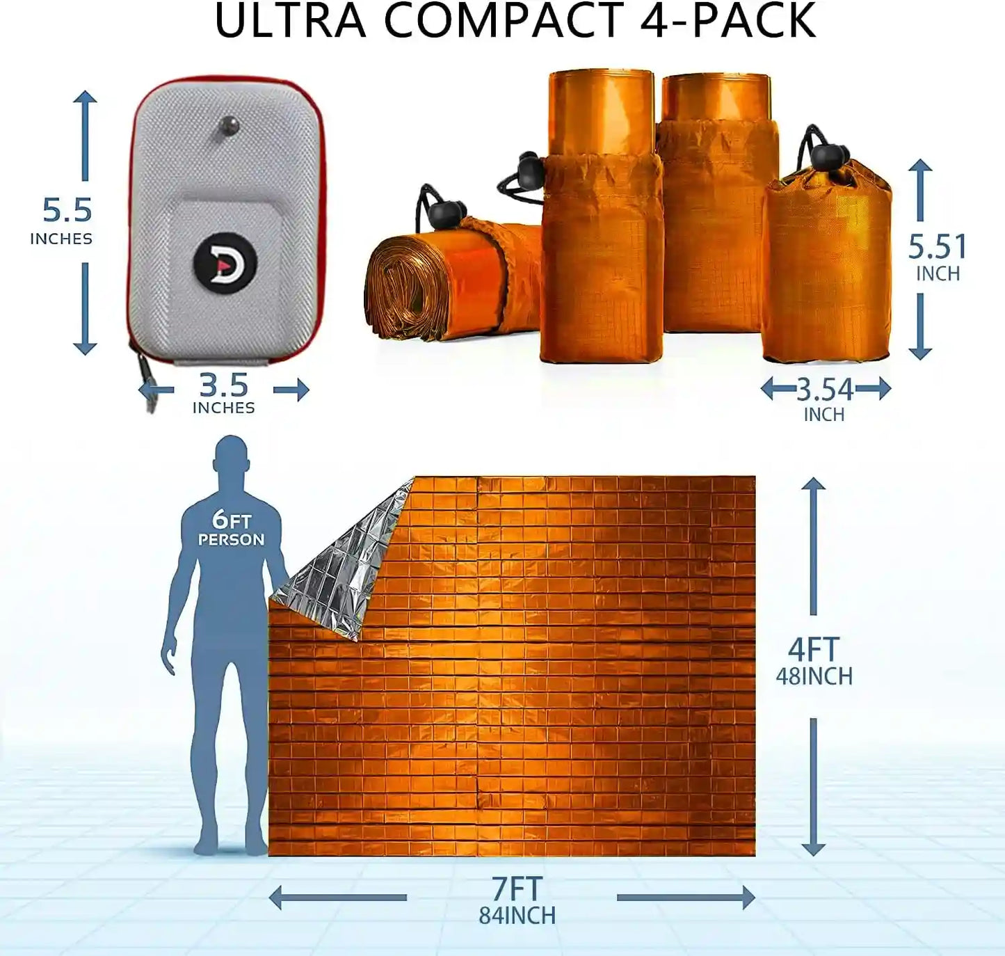 Emergency Blankets for Survival, 4 Pack Large Mylar Blankets,Comes with Thermometer Extra-Thick Space Blanket(Orange)