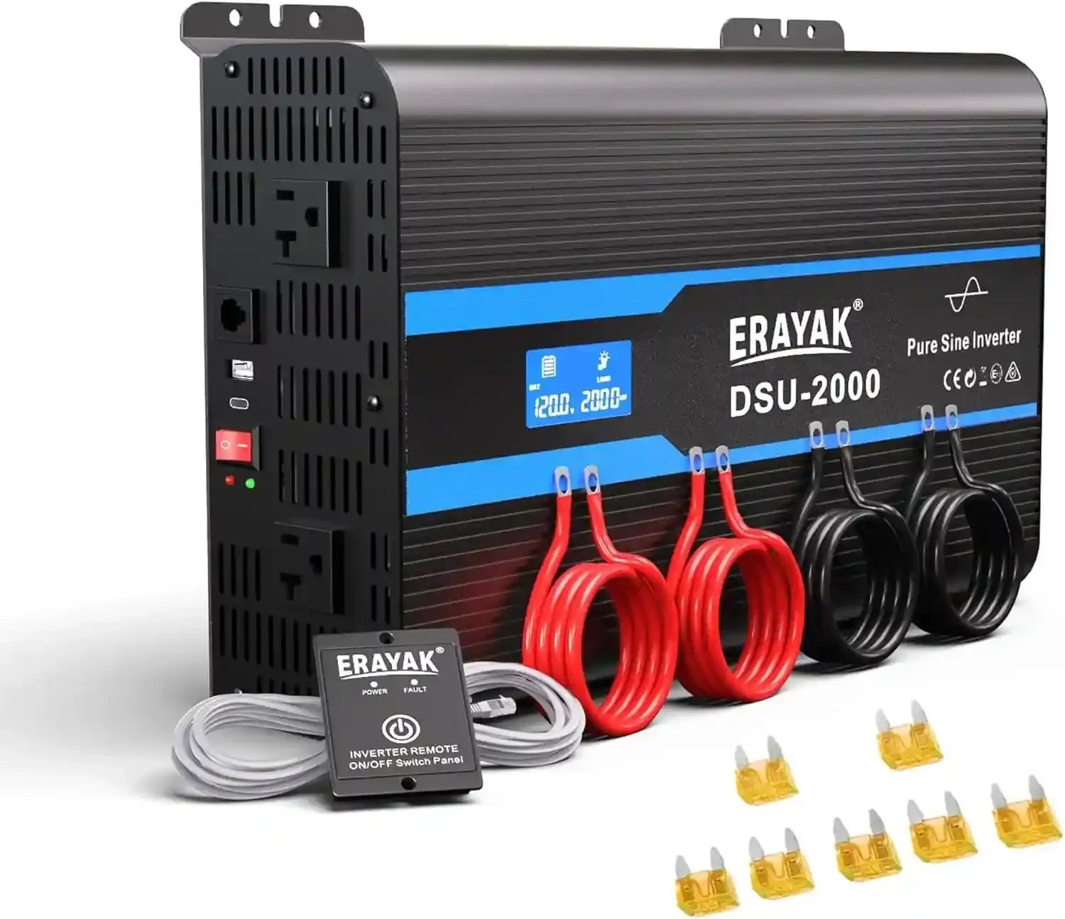 Erayak 2000W Pure Sine Wave Inverter 12V DC to 110V 120V AC Converter for Home, RV, Truck, Off - Grid Solar Power Inverter with 18W USB - C, Fast Charger, LCD Monitor, 6m Remote Controller - Erayak Power