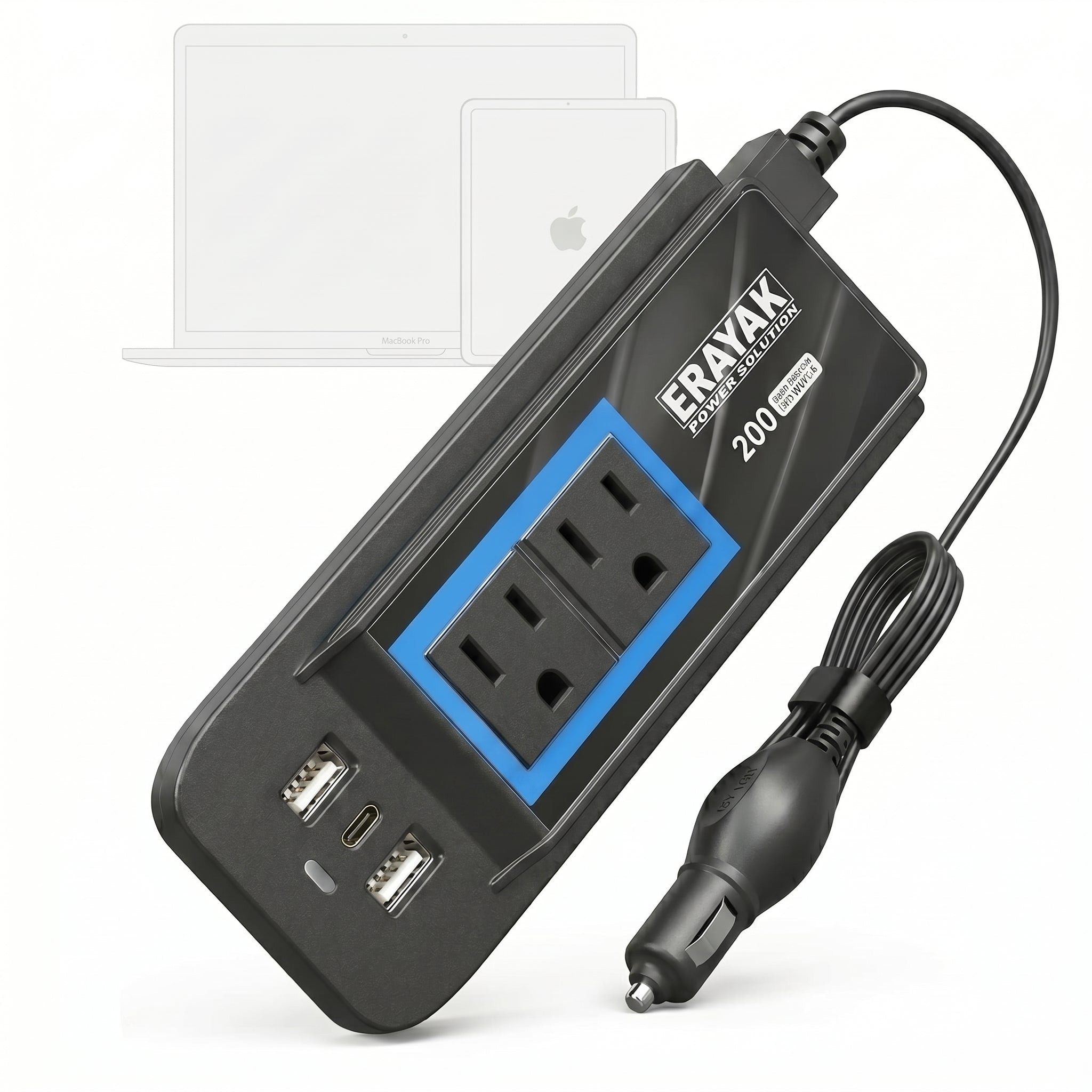 ERAYAK 200W Car Power Inverter - 30W USB-C PD Fast Charging, Dual 110V AC Outlets, Portable Car Adapter for MacBook, iPad, and Pro Electronics - Erayak Power