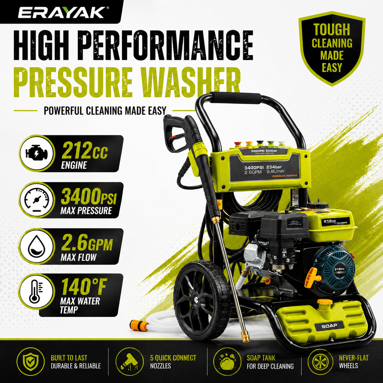 Erayak 3400 PSI Gas Pressure Washer - 2.6 GPM Heavy Duty Power Washer with 212cc OHV Engine for Siding, Decks, and Driveways - Erayak Power - 