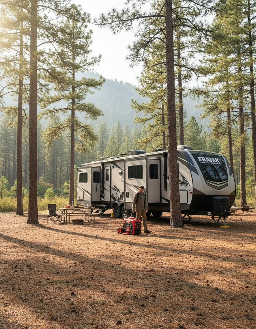 森林露营地房车旁的Erayak 4500P发电机横幅场景