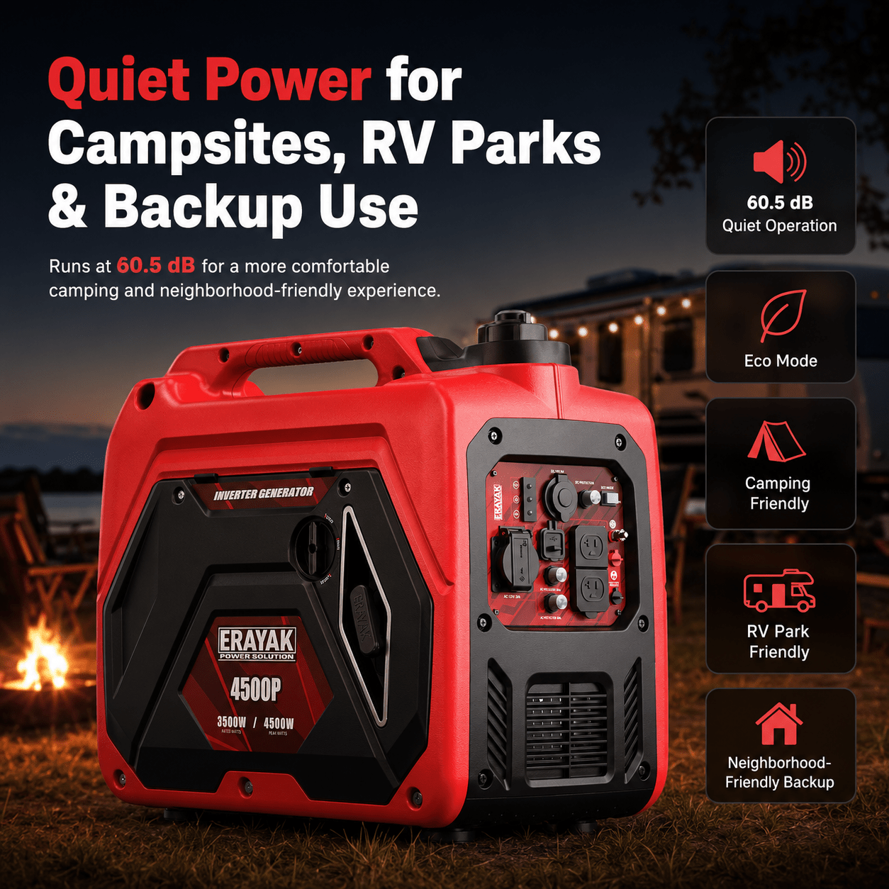 Erayak 4500W Quiet Inverter Generator | 30A RV - Ready Camping & Home Backup Power - Erayak Power - Portable Inverter Generator - EK-4500P