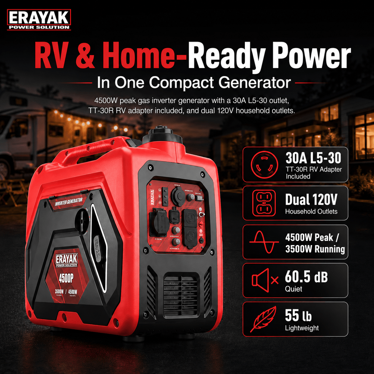 Erayak 4500W Quiet Inverter Generator | 30A RV - Ready Camping & Home Backup Power - Erayak Power - Portable Inverter Generator - EK-4500P