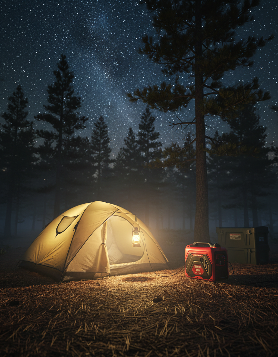 真实的夜间露营场景与Erayak发电机