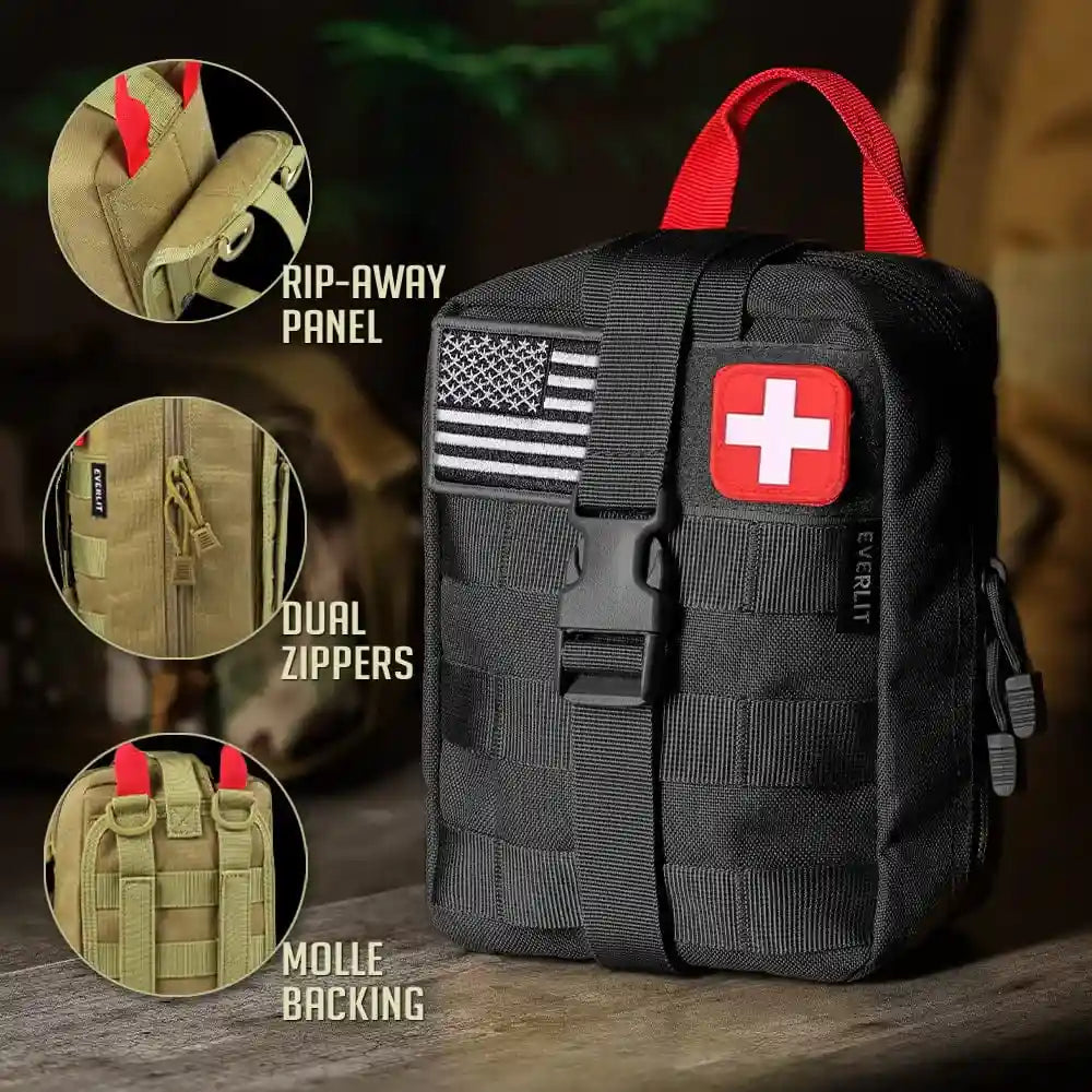 Survival First Aid Kit 250 Pieces Molle Pouch Survival Kit Outdoor Gear Emergency Kits (BLACK)