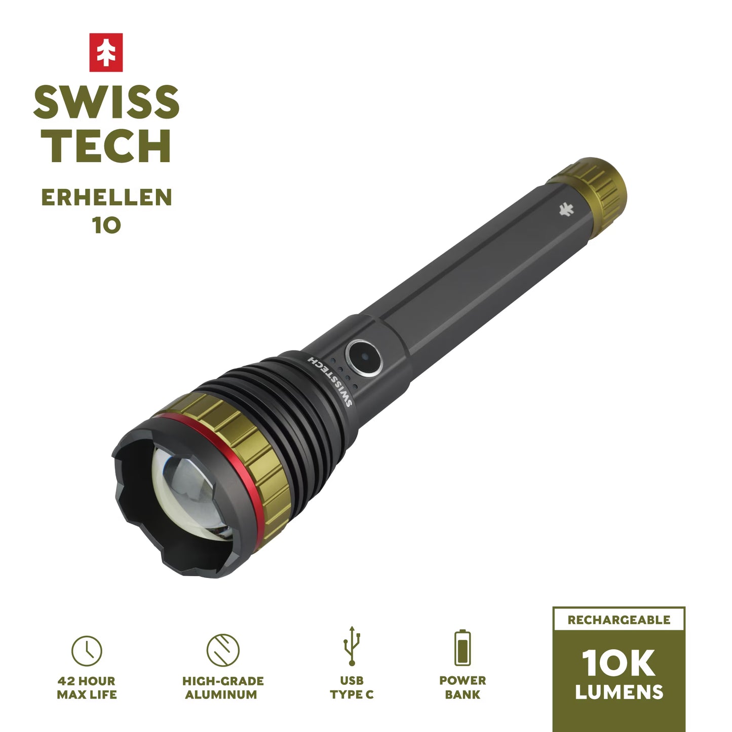 10,000 Lumen Rechargeable LED Flashlight with Power Bank, Waterproof for Camping