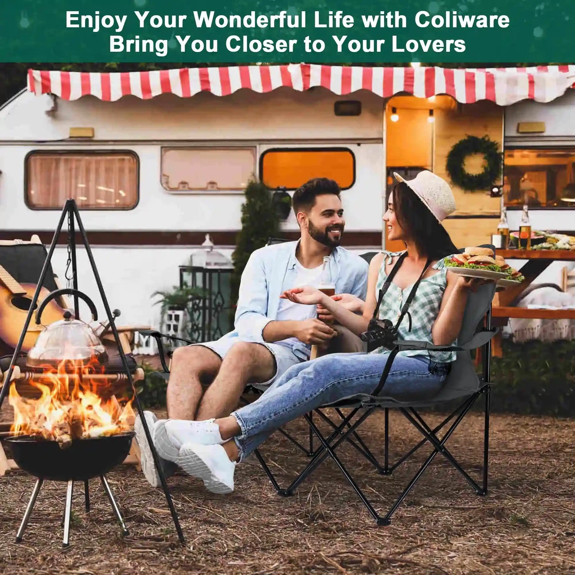 Oversized Foldable Camping Chair, Double Seat Folding Camp Compact Chair for 2 Persons with Storage Bag, Portable & Large for Outdoor Fishing Hiking Travel Picnic Beach Lawn Patio - Grey