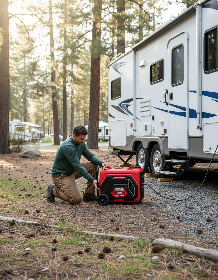 Person positioning Erayak 4500P generator at RV campground